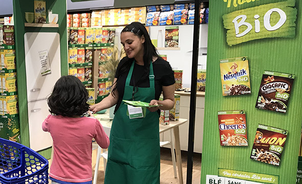 Animation ludo educative pour la nouvelle version bio des cereals Nestle - Keemia Shopper Marketing - Agence d'activation shopper marketing phygitale