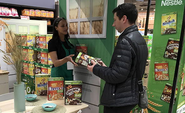 Animation ludo educative pour la nouvelle version bio des cereals Nestle - Keemia Shopper Marketing - Agence d'activation shopper marketing phygitale