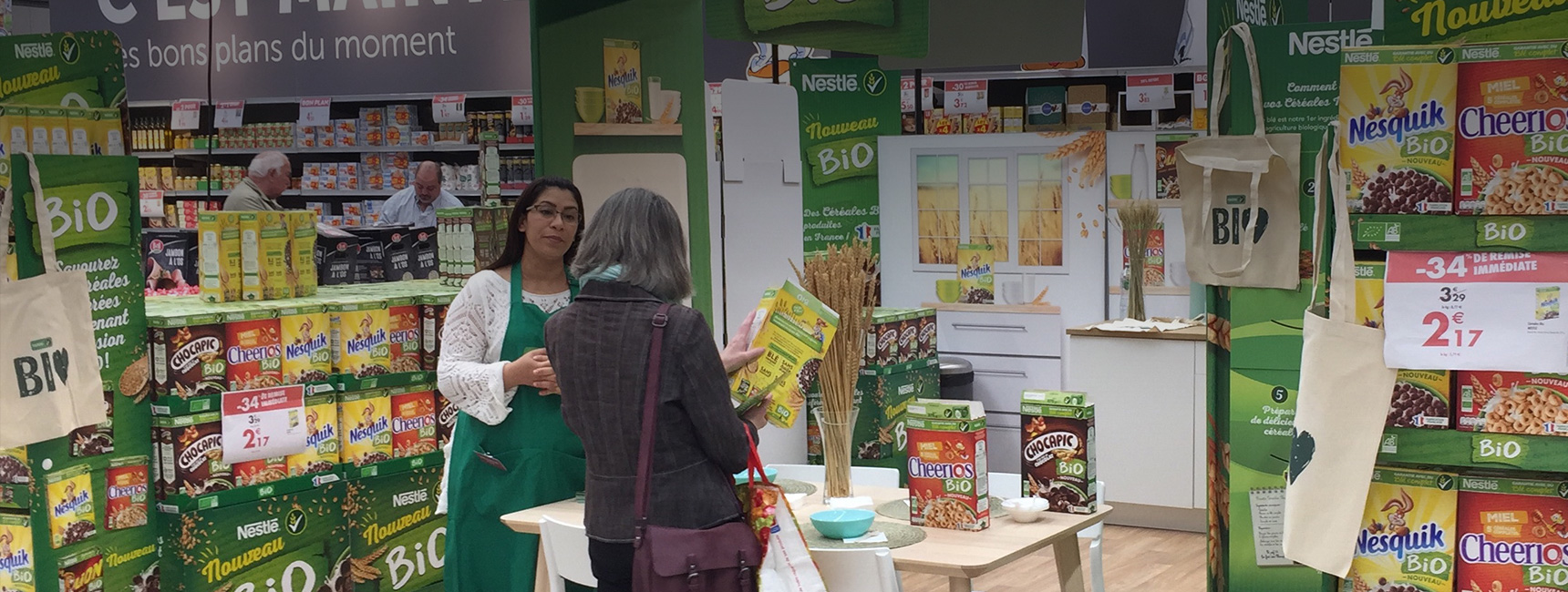 Animation ludo educative pour la nouvelle version bio des cereals Nestle - Keemia Shopper Marketing - Agence d'activation shopper marketing phygitale